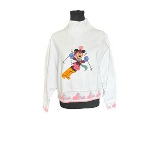 Vintage Disney Mickey Mouse Ski Sweatshirt Womens L White Mock Neck Retro 90s X3